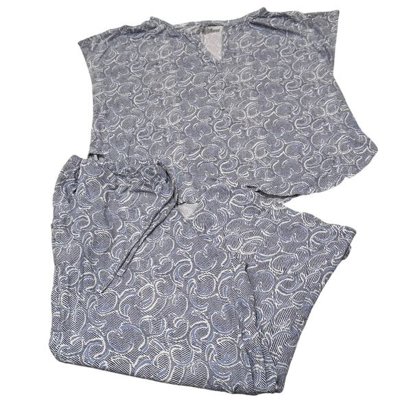 Nottibianche Split Round Neck Short Sleeve Pant 2 Piece Pajama Set Blue White M - Picture 1 of 10